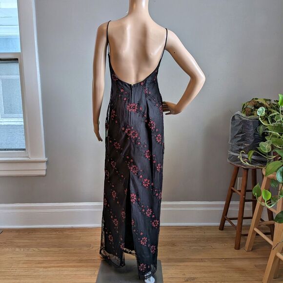 Vintage 90s Morgan & Co Black Floral Maxi Dress Prom Gown Glitter Velvet 11/12 - Picture 3 of 11
